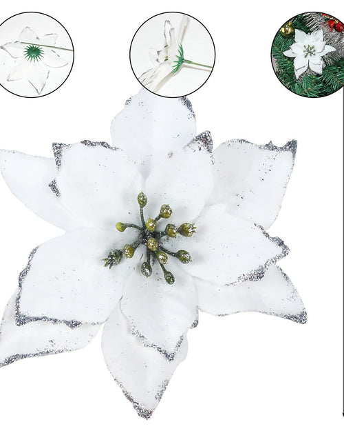 Load image into Gallery viewer, KEPATO Christmas Glitter Poinsettia Christmas Tree Ornaments Pack of 12 (White)
