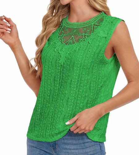 AGWISH Women High Neck Lace Tank Top Sleeveless Rib Summer Medium Green