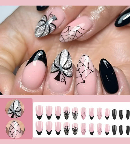 24PCS Halloween Short Almond Press-On Nails Pink & Black Pumpkin Spider Web