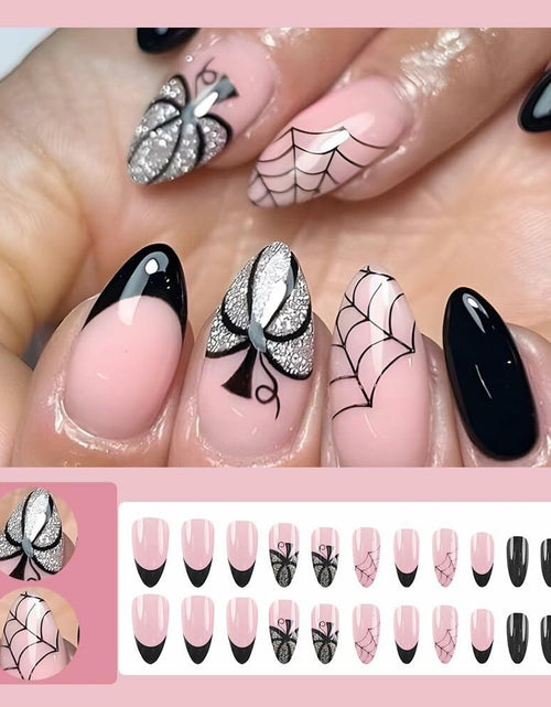 Load image into Gallery viewer, 24PCS Halloween Short Almond Press-On Nails Pink &amp; Black Pumpkin Spider Web

