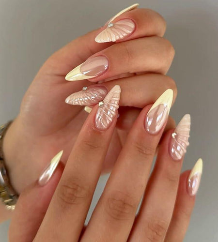 Butterfly Nail Art Clear Acrylic Almond Nails Gold Tips 3D Rhinestone