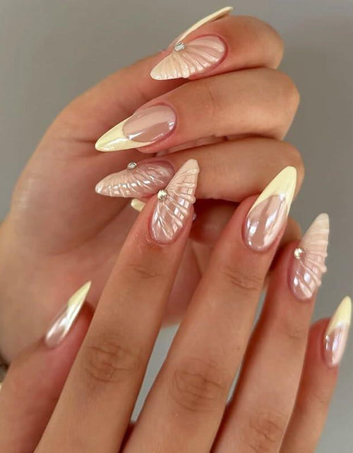Load image into Gallery viewer, Butterfly Nail Art Clear Acrylic Almond Nails Gold Tips 3D Rhinestone
