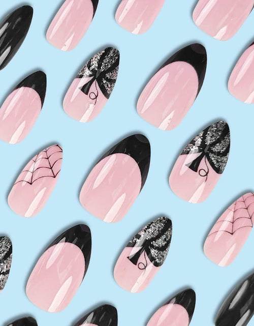 Load image into Gallery viewer, 24PCS Halloween Short Almond Press-On Nails Pink &amp; Black Pumpkin Spider Web
