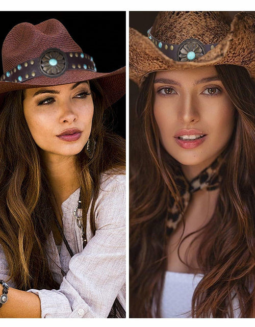 Load image into Gallery viewer, Whistlone Handmade Embroidery Hat Band Studded Sapphire Rivets Cowboy Fedora
