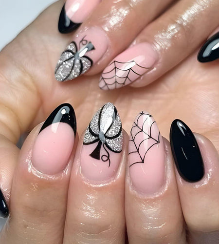 24PCS Halloween Short Almond Press-On Nails Pink & Black Pumpkin Spider Web
