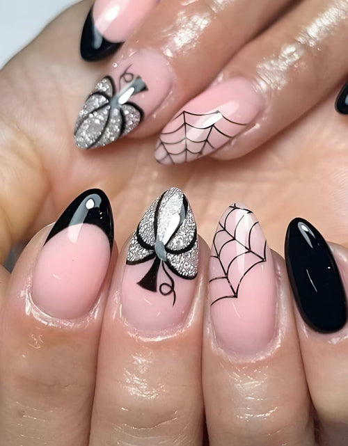 Load image into Gallery viewer, 24PCS Halloween Short Almond Press-On Nails Pink &amp; Black Pumpkin Spider Web
