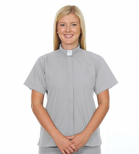 FOR HIS SERVICE Women’s Clergy Shirt Gray Short Sleeve Tab Collar Size 22