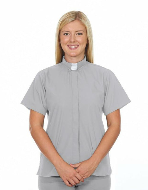 Load image into Gallery viewer, FOR HIS SERVICE Women’s Clergy Shirt Gray Short Sleeve Tab Collar Size 22
