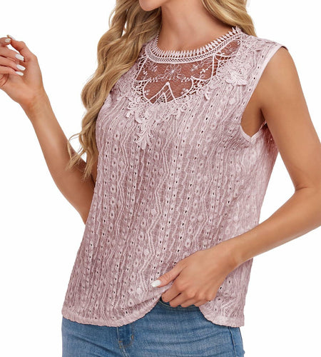 AGWISH Women’s Sleeveless Ruffle Lace Blouse Semi Sheer Floral Light Pink XL