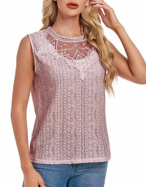 Load image into Gallery viewer, AGWISH Women’s Sleeveless Ruffle Lace Blouse Semi Sheer Floral Light Pink XL
