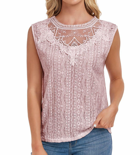 AGWISH Women’s Sleeveless Ruffle Lace Blouse Semi Sheer Floral Light Pink XL