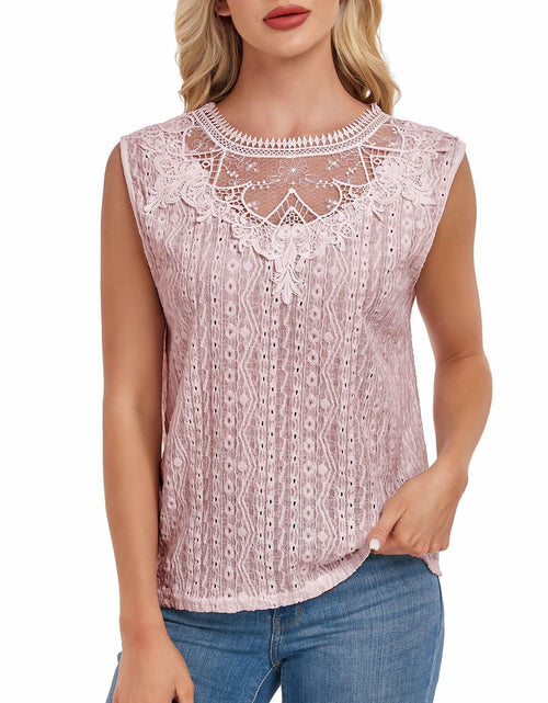 Load image into Gallery viewer, AGWISH Women’s Sleeveless Ruffle Lace Blouse Semi Sheer Floral Light Pink XL
