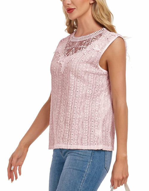 Load image into Gallery viewer, AGWISH Women’s Sleeveless Ruffle Lace Blouse Semi Sheer Floral Light Pink XL
