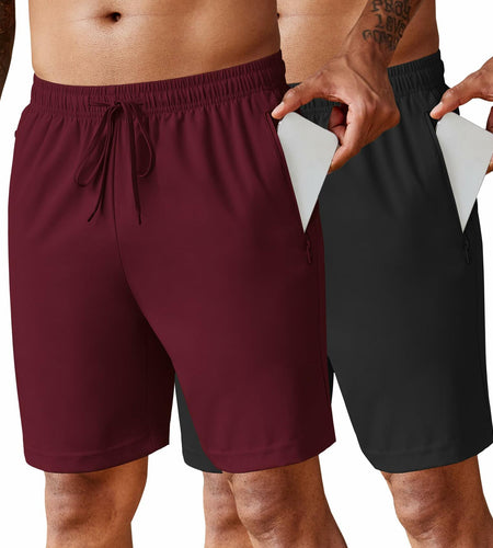 COOFANDY Men’s 7" Workout Gym Shorts 2-Pack Lightweight with Zipper Wine/Black