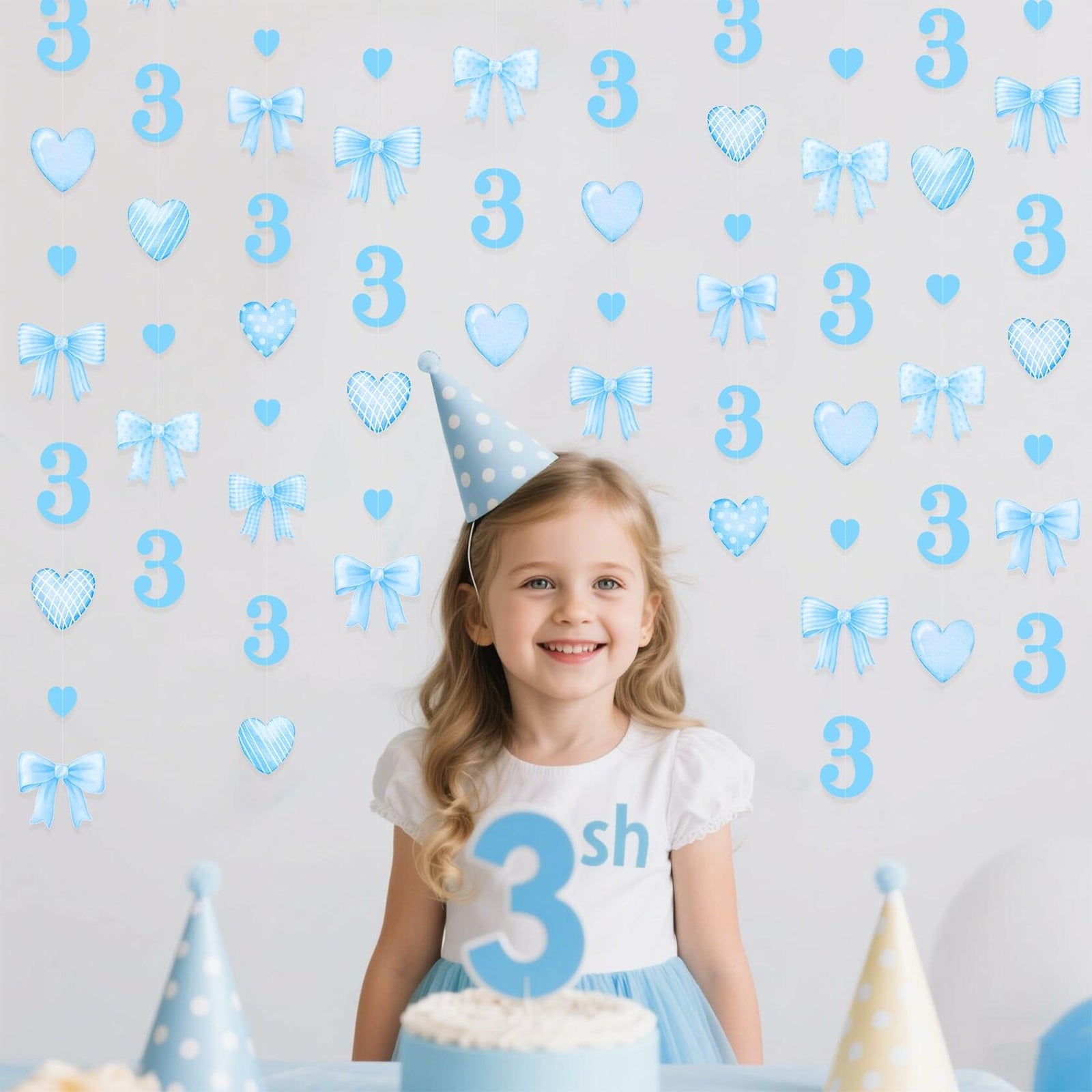 40Ft Blue 3rd Birthday Bow Garland Banner Heart Streamer Party Decor