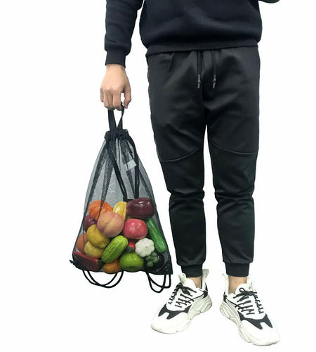 HOLYLUCK Mesh Drawstring Bag for Swimming Beach Camping Black 1pc