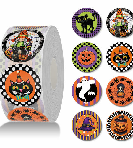 ZAEW Halloween Sticker Roll 500pcs 1.5" Gnome Pumpkins Cats Ghost Colored