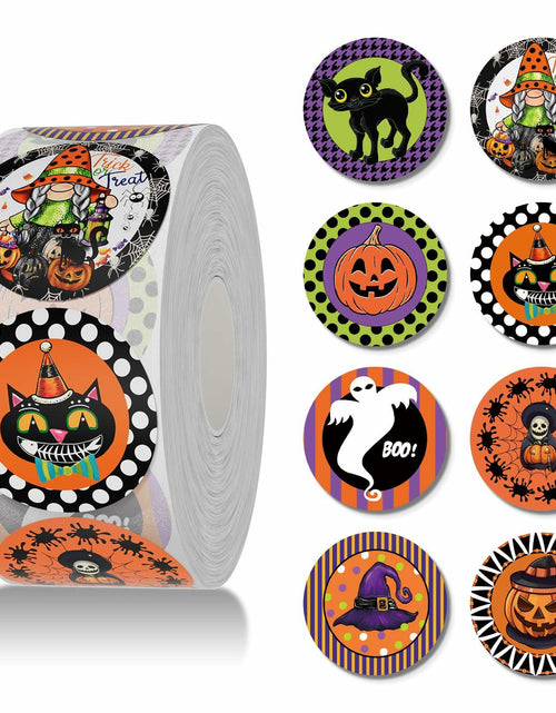 Load image into Gallery viewer, ZAEW Halloween Sticker Roll 500pcs 1.5" Gnome Pumpkins Cats Ghost Colored
