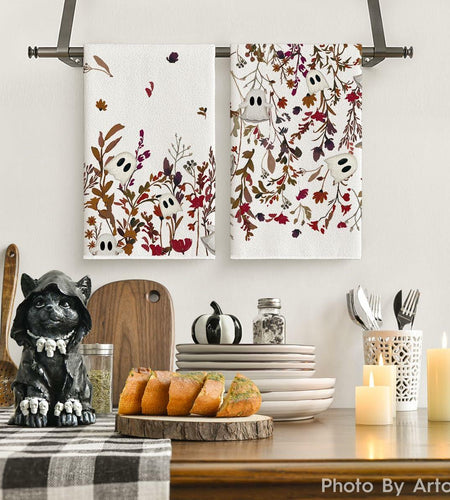 Artoid Mode Ghost Wildflower Halloween Kitchen Towels 18x26 Inch Set of 2 Beige