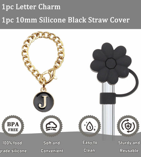 Wabogove Stanley 1pc Silicone Straw Topper & Initial Charm Letter J 30&40oz