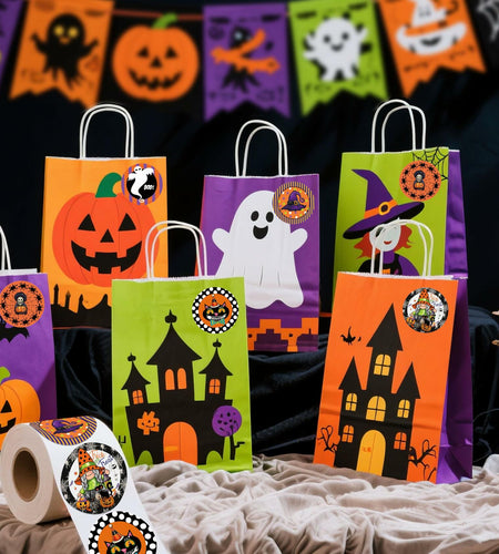 ZAEW Halloween Sticker Roll 500pcs 1.5" Gnome Pumpkins Cats Ghost Colored