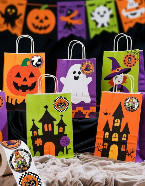Load image into Gallery viewer, ZAEW Halloween Sticker Roll 500pcs 1.5" Gnome Pumpkins Cats Ghost Colored
