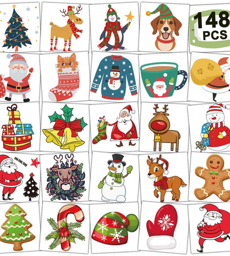 CHARLENT 148pcs Christmas Temporary Tattoos for Kids Xmas Party Favors