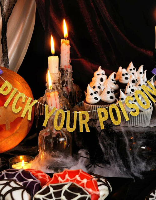 Load image into Gallery viewer, LeeSky Gold Glitter Pick Your Poison Halloween Party Banner Paper Letter Print

