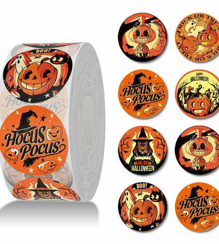 ZAWE Halloween Sticker Roll 500pcs 1.5" Ghosts Pumpkins Witch Colored