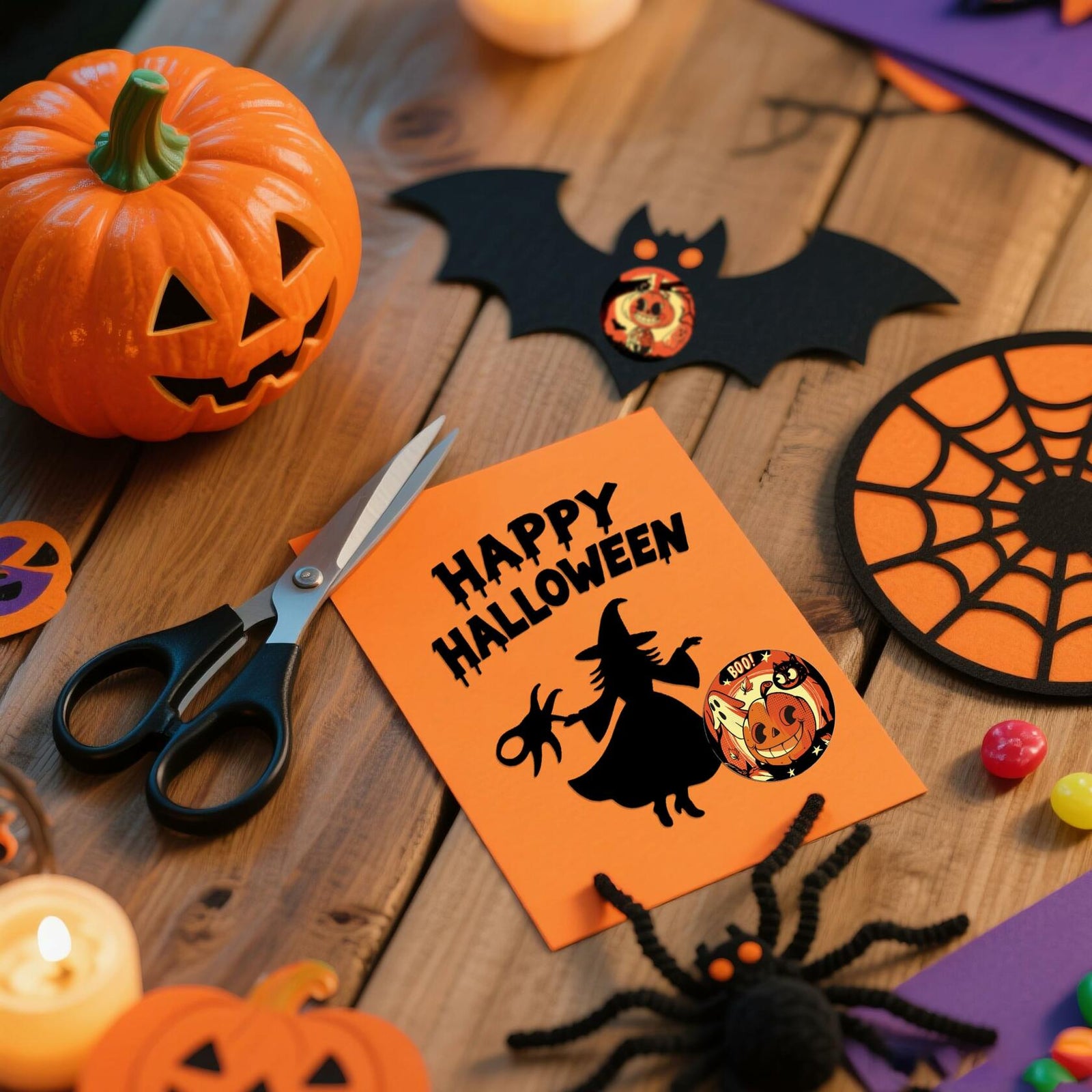 ZAWE Halloween Sticker Roll 500pcs 1.5" Ghosts Pumpkins Witch Colored