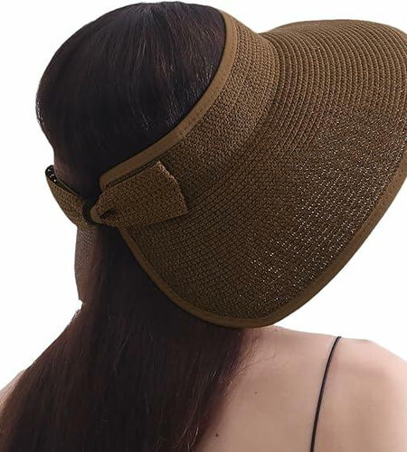 Wide Brim Straw Sun Hat Women Summer Beach Vacation Foldable Coffee Ribbon
