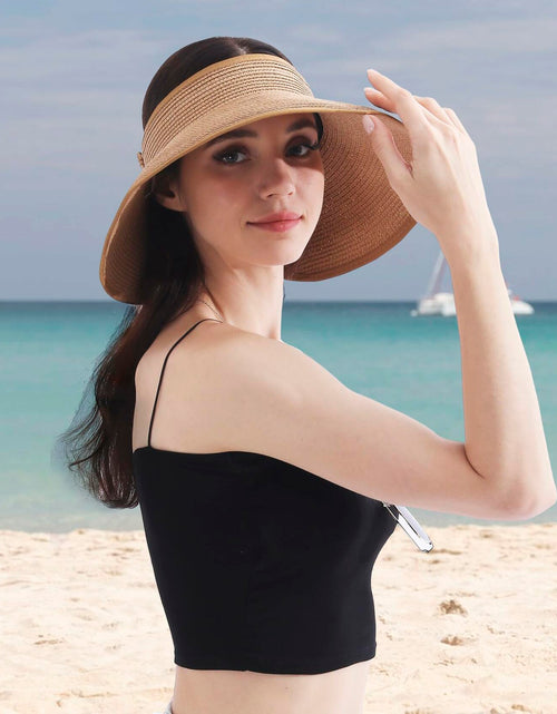 Load image into Gallery viewer, Wide Brim Straw Sun Hat Women Summer Beach Vacation Foldable Coffee Ribbon
