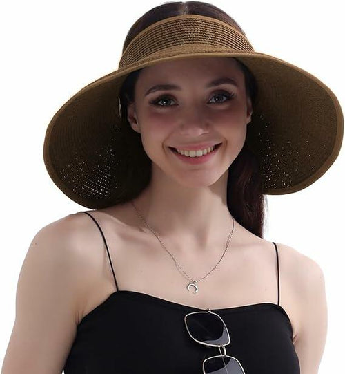 Load image into Gallery viewer, Wide Brim Straw Sun Hat Women Summer Beach Vacation Foldable Coffee Ribbon
