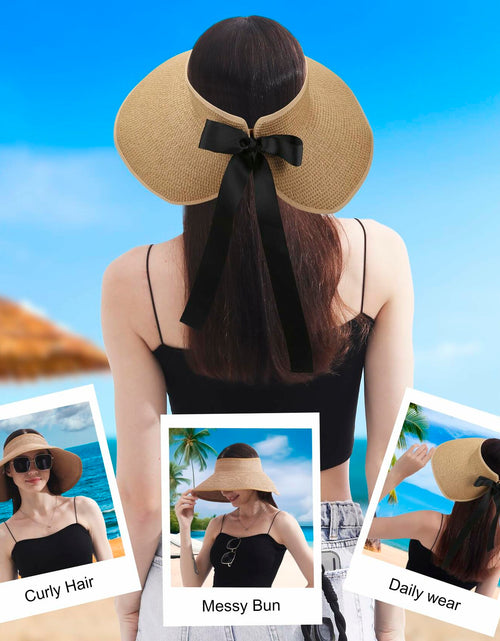 Load image into Gallery viewer, Wide Brim Straw Sun Hat Women Summer Beach Vacation Foldable Coffee Ribbon
