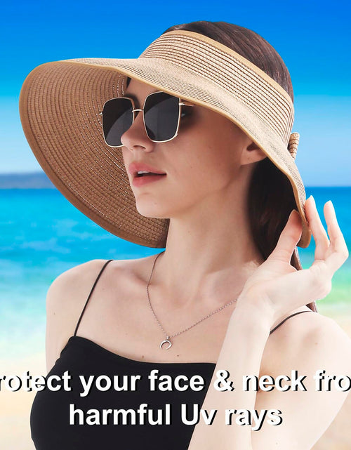 Load image into Gallery viewer, Wide Brim Straw Sun Hat Women Summer Beach Vacation Foldable Coffee Ribbon

