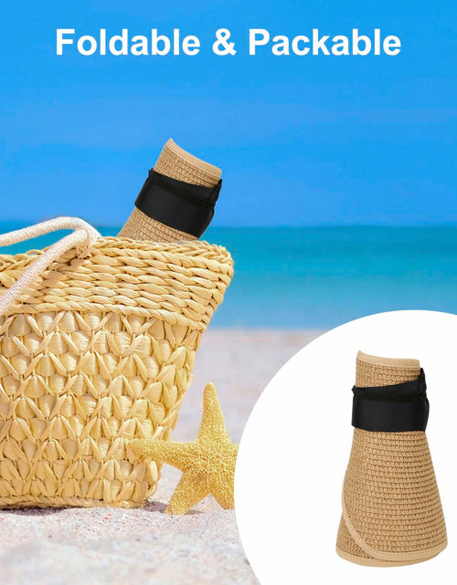 Load image into Gallery viewer, Wide Brim Straw Sun Hat Women Summer Beach Vacation Foldable Coffee Ribbon
