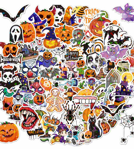 Waxkure 100PCS Halloween Pumpkin Ghost Witch Bat Vinyl Stickers Waterproof