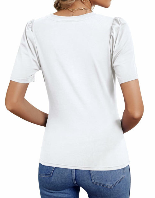 Load image into Gallery viewer, DOROSE Women's V Neck Puff Sleeve T Shirt White Size M
