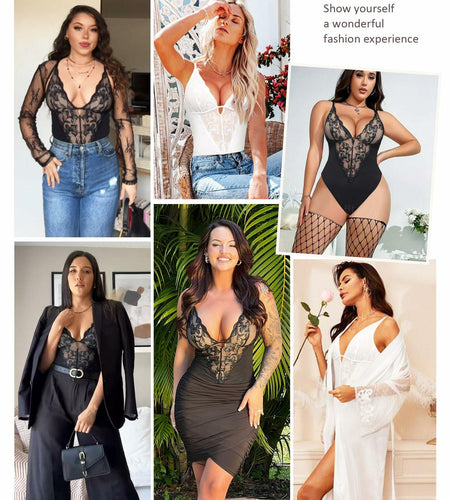 FeelinGirl Shapewear Tummy Control Lace Bodysuit V Neck Low Back White Size S