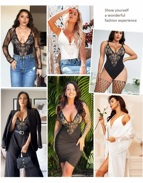 Load image into Gallery viewer, FeelinGirl Shapewear Tummy Control Lace Bodysuit V Neck Low Back White Size S
