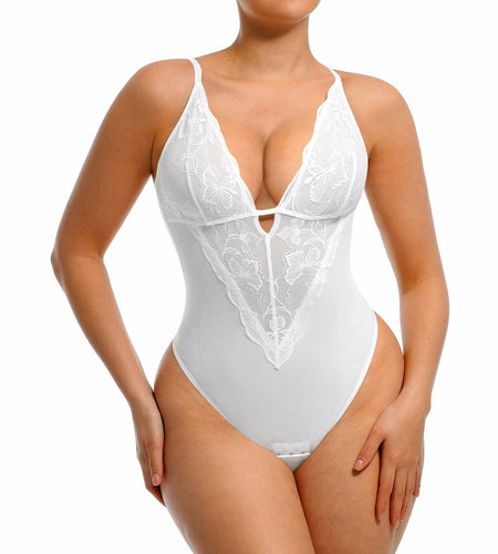 FeelinGirl Shapewear Tummy Control Lace Bodysuit V Neck Low Back White Size S