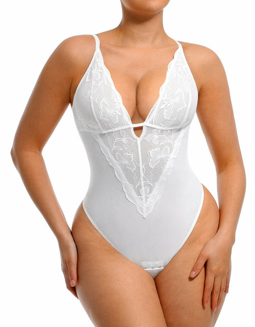 Load image into Gallery viewer, FeelinGirl Shapewear Tummy Control Lace Bodysuit V Neck Low Back White Size S
