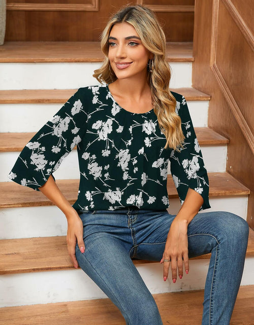 Load image into Gallery viewer, TASAMO Floral Chiffon Blouse Ladies Work Top Dark Green Size XL
