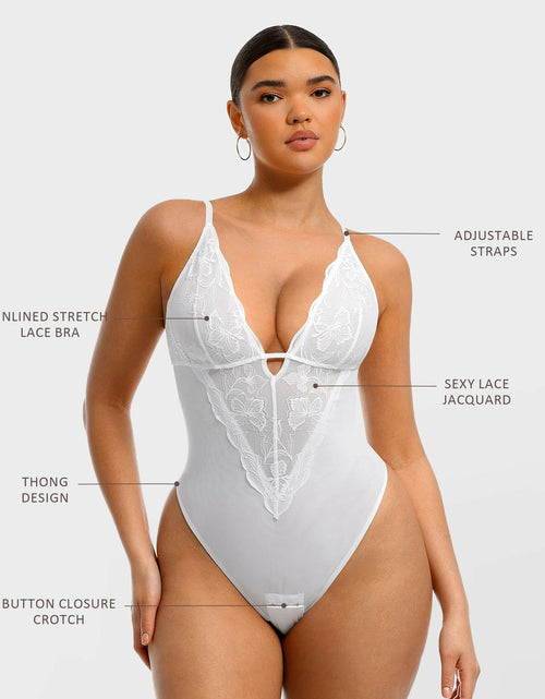 Load image into Gallery viewer, FeelinGirl Shapewear Tummy Control Lace Bodysuit V Neck Low Back White Size S
