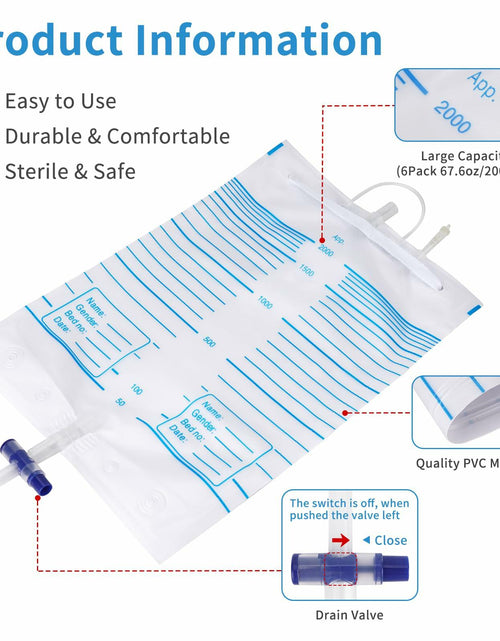 Load image into Gallery viewer, Plus tard 6Pack Catheter Urine Bags 67.6oz 2000ml White with Cloth Straps
