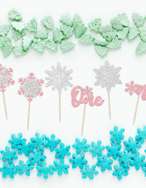 Load image into Gallery viewer, Gyufise 24Pcs Double Layer Pink Glitter Snowflake Cupcake Toppers Paper
