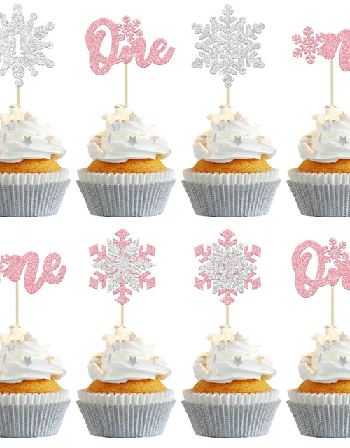 Load image into Gallery viewer, Gyufise 24Pcs Double Layer Pink Glitter Snowflake Cupcake Toppers Paper
