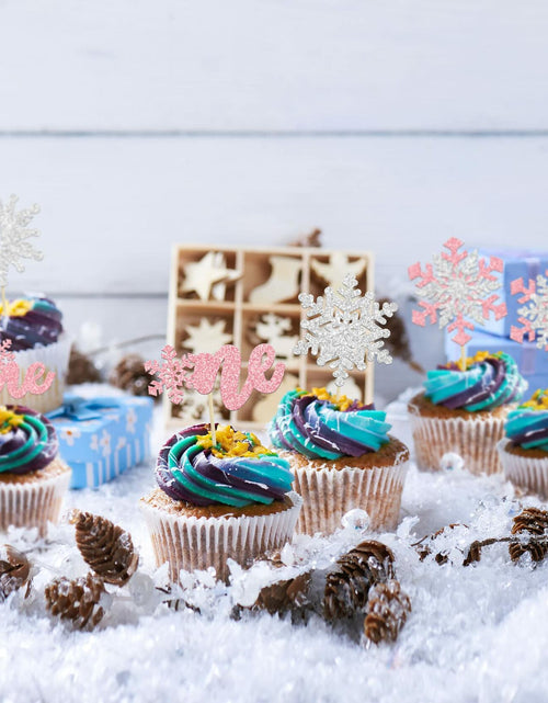 Load image into Gallery viewer, Gyufise 24Pcs Double Layer Pink Glitter Snowflake Cupcake Toppers Paper

