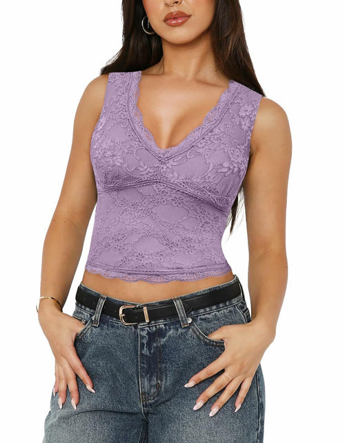 Load image into Gallery viewer, SAUNGKUAI Women's Sexy V Neck Sleeveless Lace Floral Top PinkPurple Size XL
