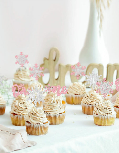 Load image into Gallery viewer, Gyufise 24Pcs Double Layer Pink Glitter Snowflake Cupcake Toppers Paper
